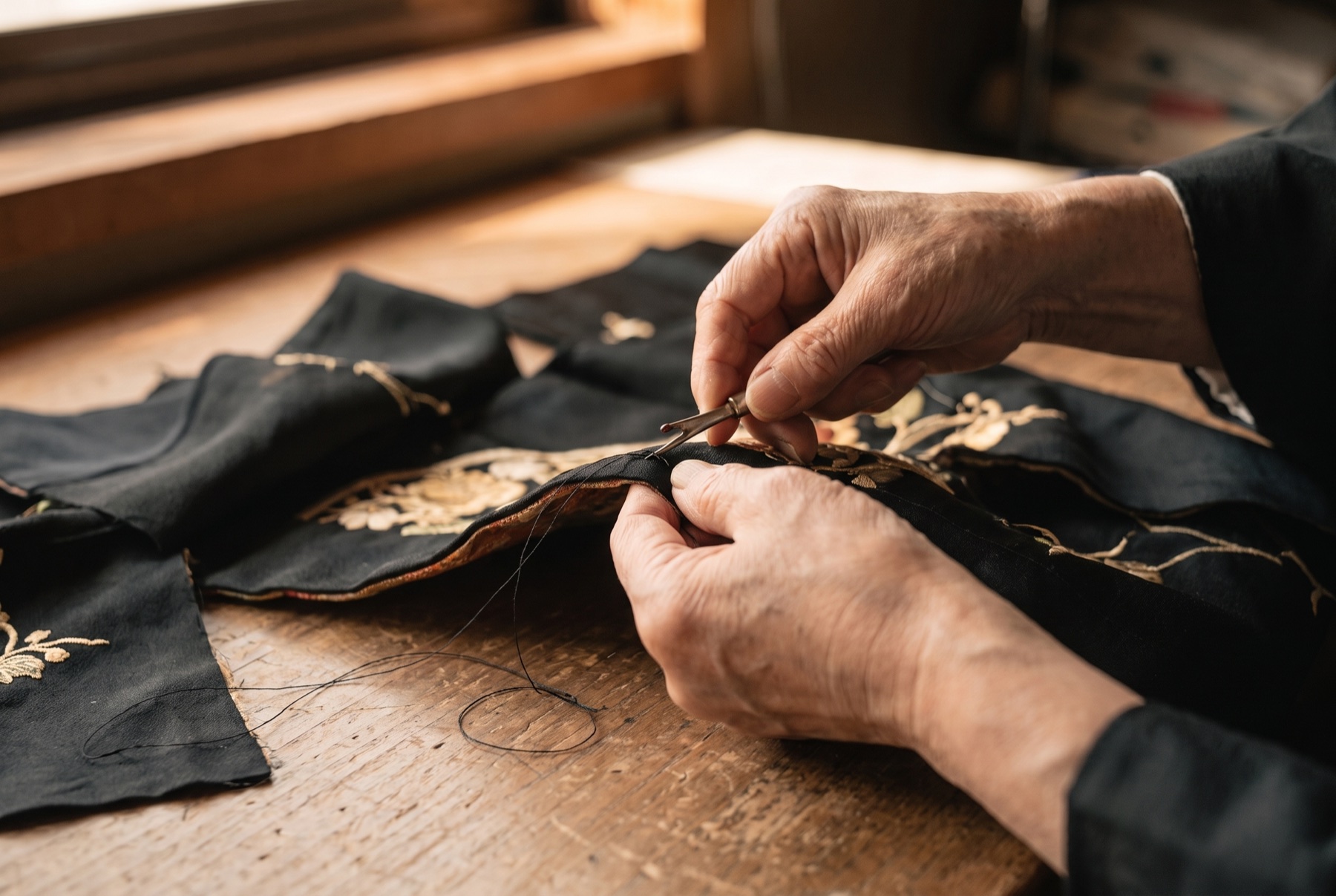 Carefully taking a kimono apart along its seams