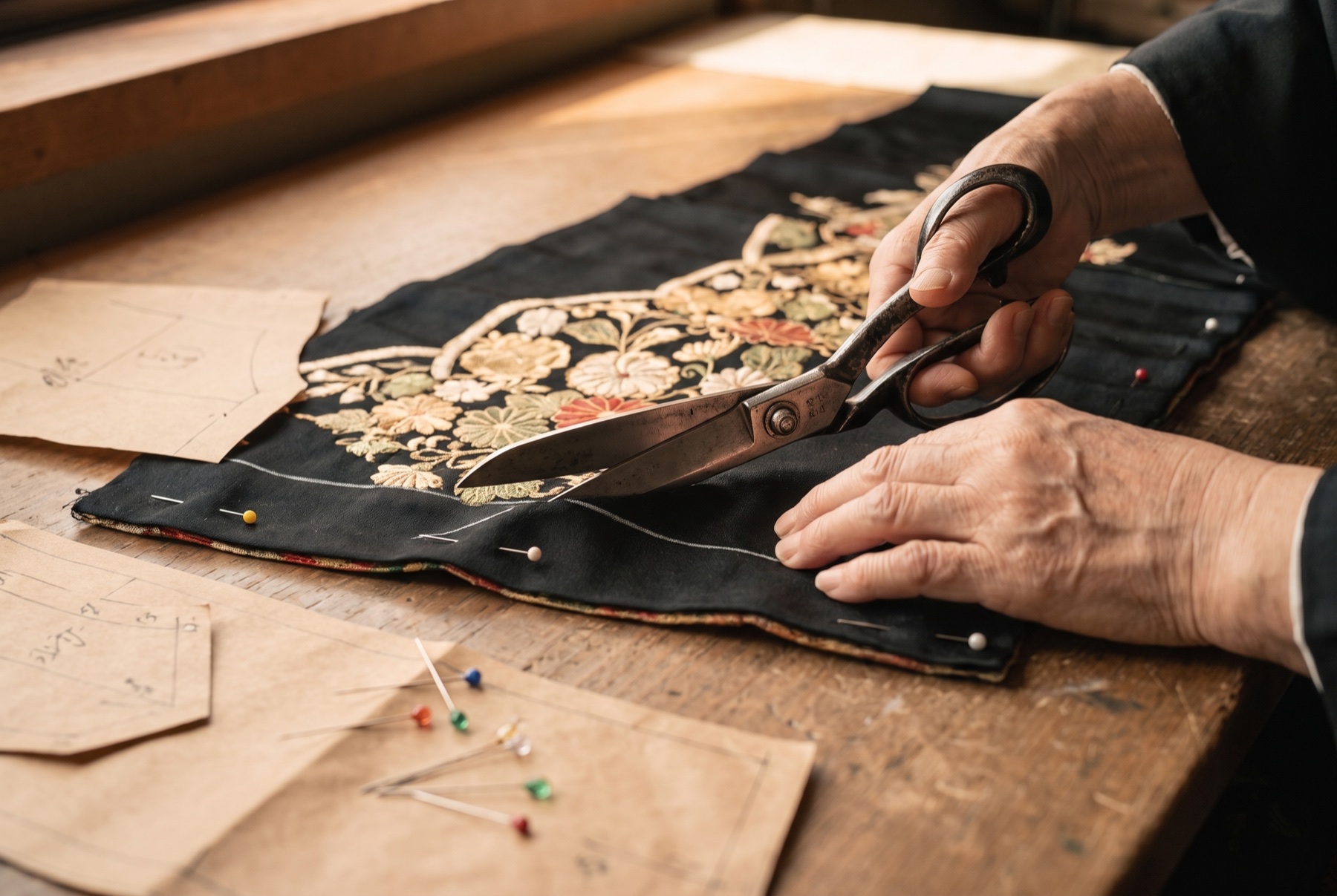 Cutting the silk with tailor's shears, following the pattern