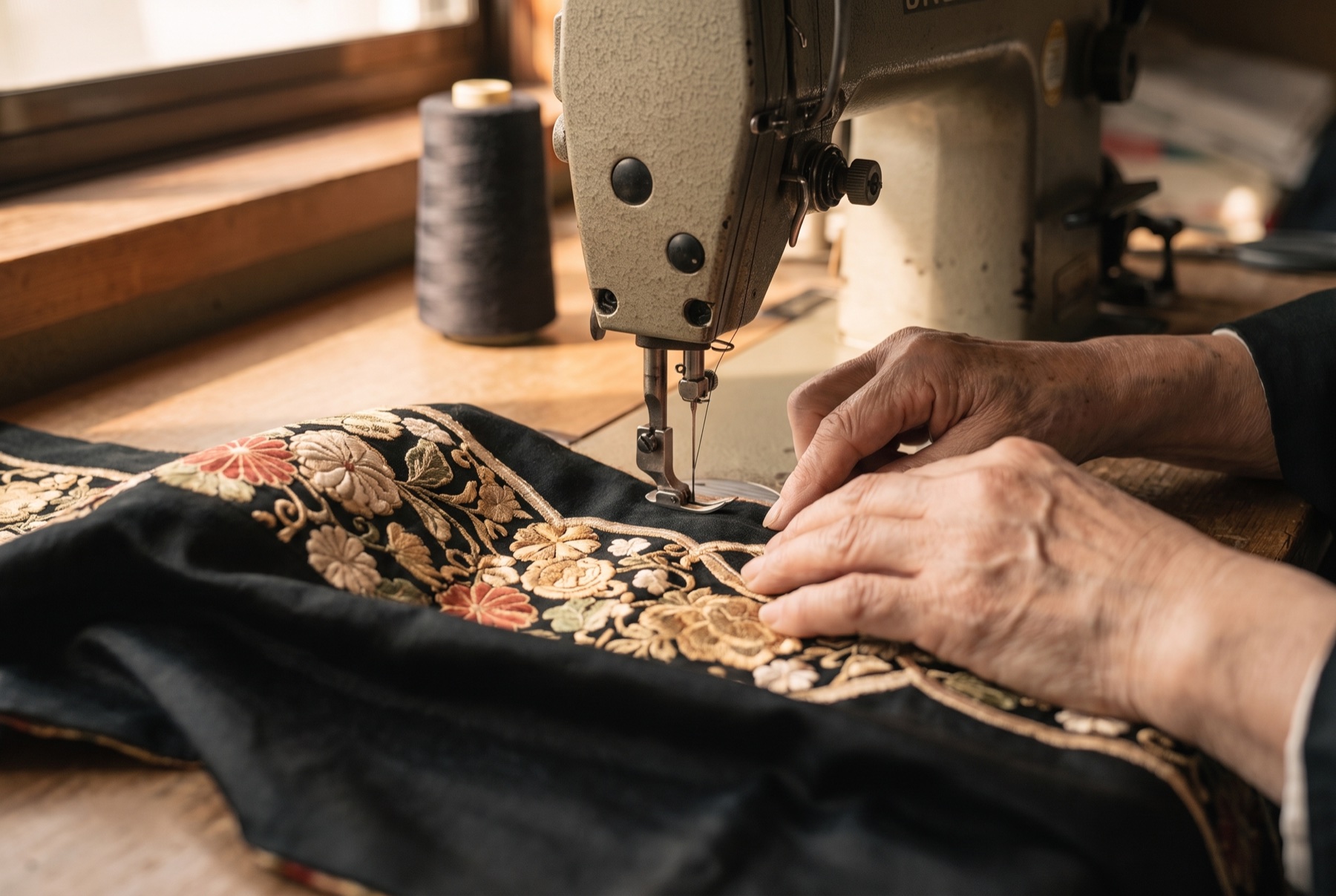 Sewing each piece one at a time in the Shirakawa workshop