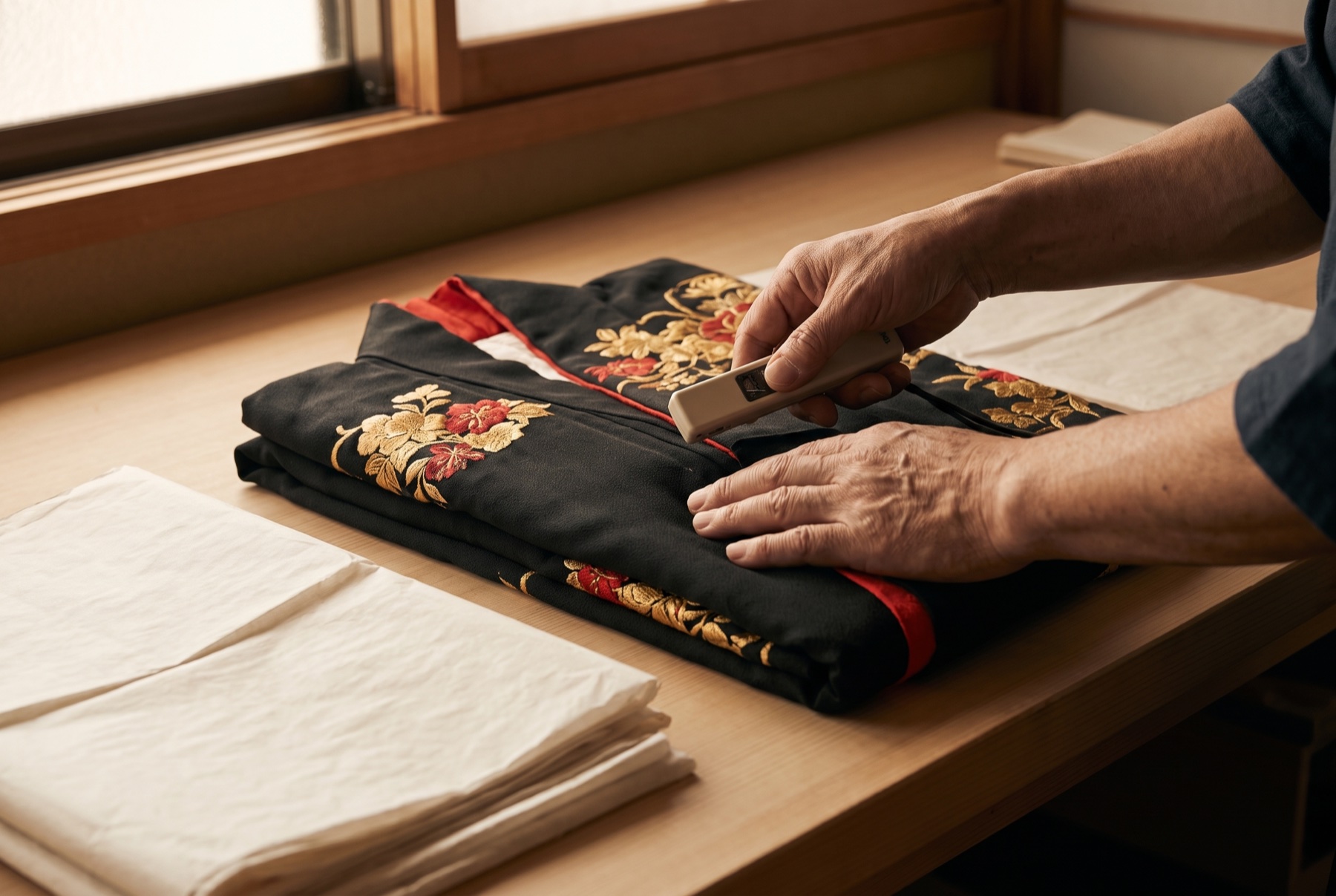 Passing the finished piece through a needle detector, then wrapping it