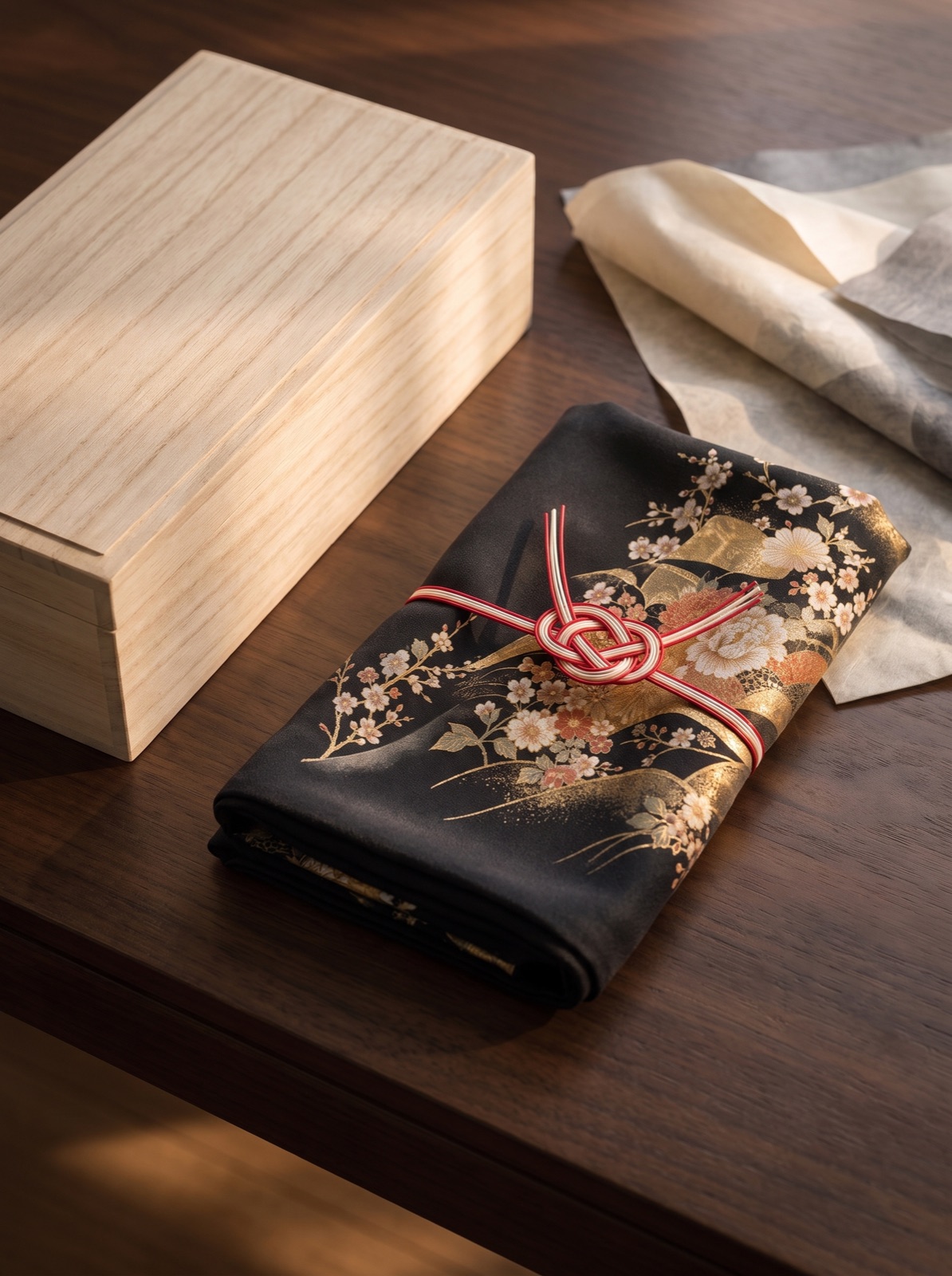 A gift of kurotomesode silk, wrapped in a paulownia box