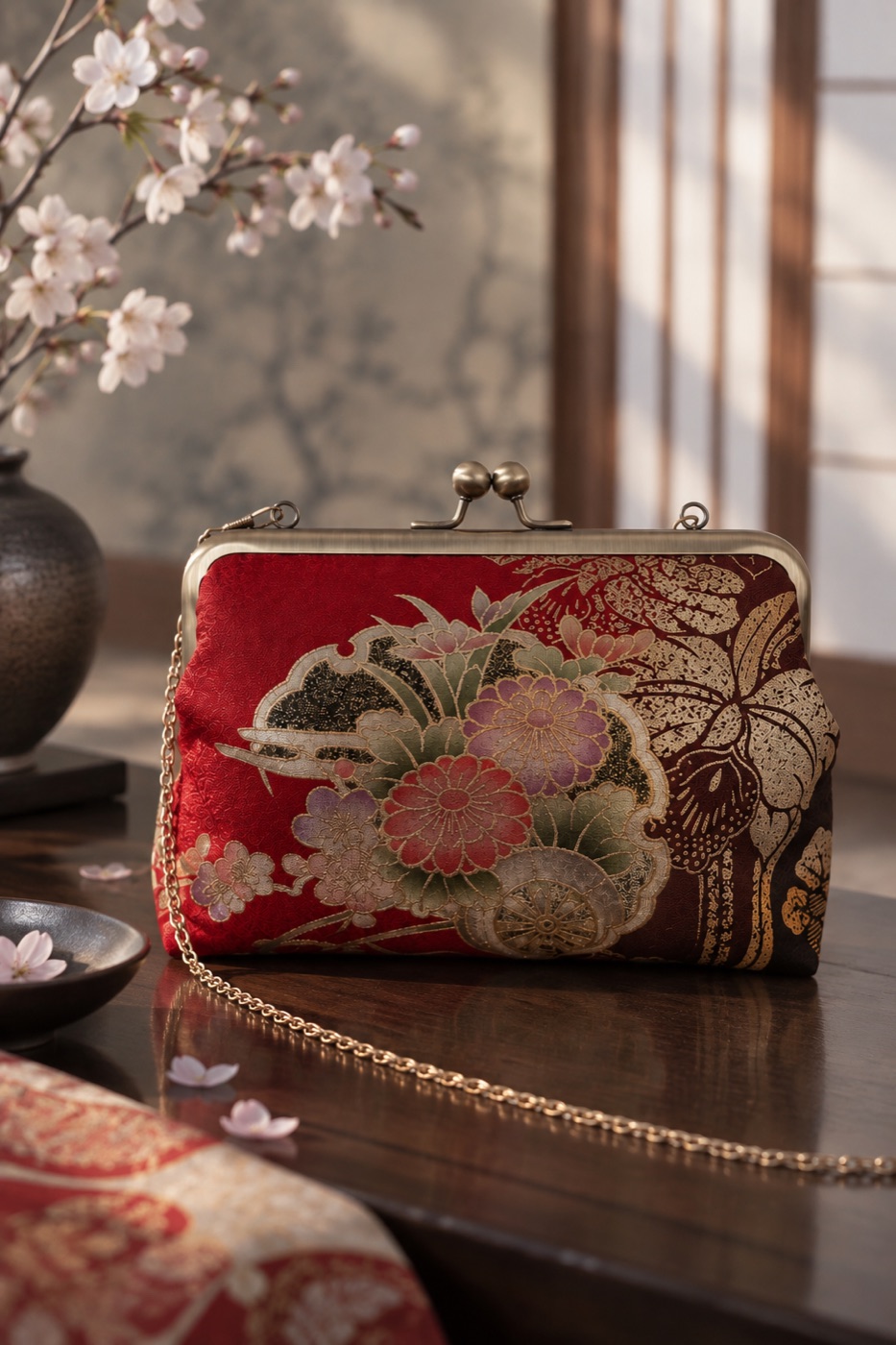 Kimono bag made from kimono cloth and obi
