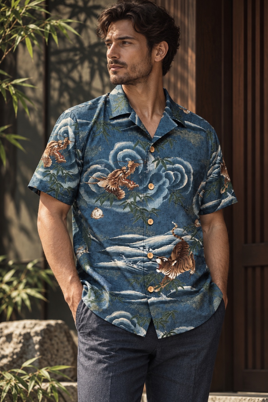 Men's shirt tailored from kimono cloth, FUKUSHIMA ALOHA