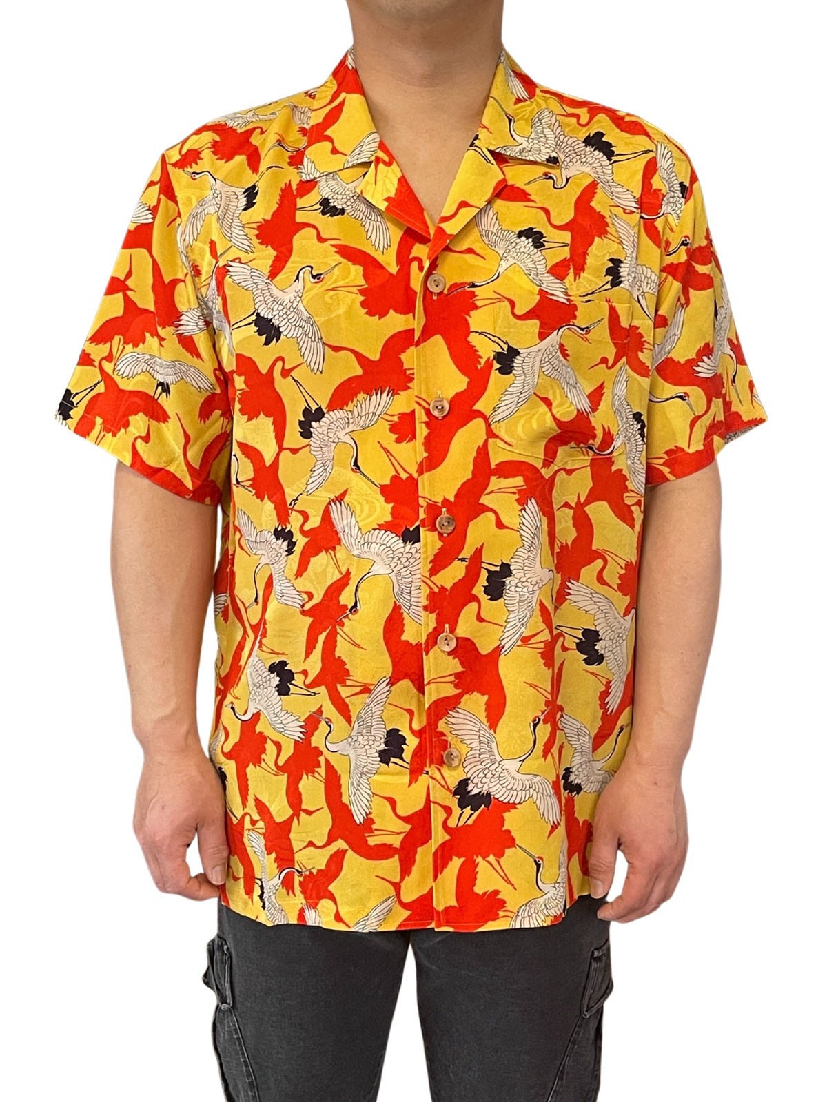 着物地の鶴柄シャツ